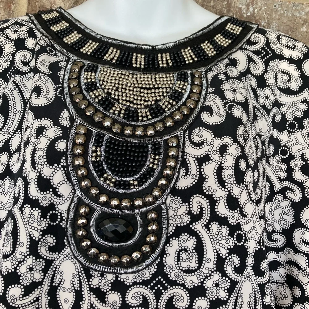 Dina Be Black & White Paisley Beaded Flutter Sleeves Sz M Dress